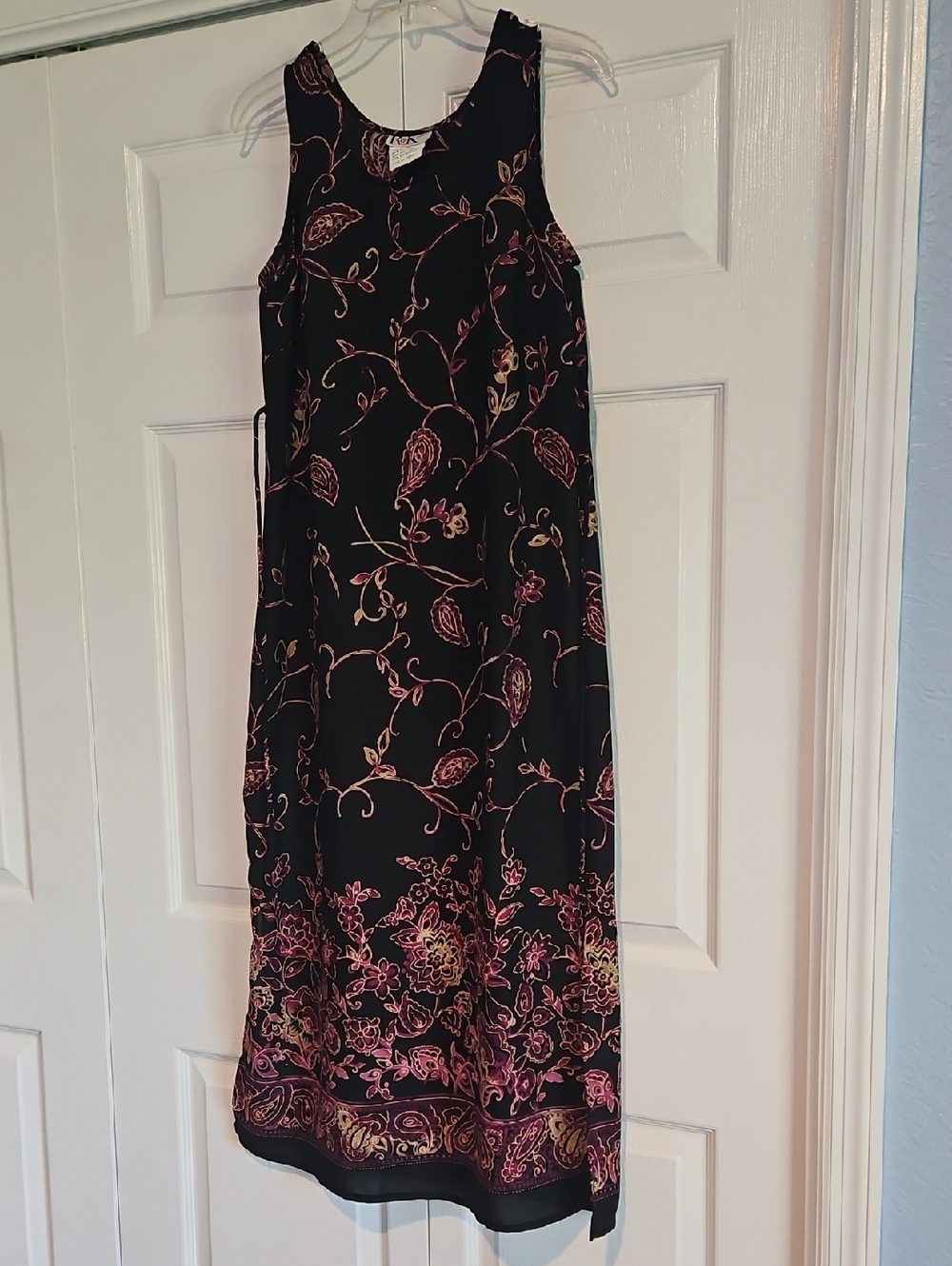 Black Floral Dress with Pink and Gold Accents Loose Fit With Tie In Back
